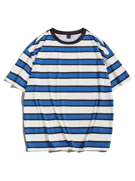 

men drop shoulder striped print contrast binding tee x3so#, White;black