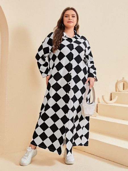 

plus geo print two tone drop shoulder button through shirt dress e2es#, Black