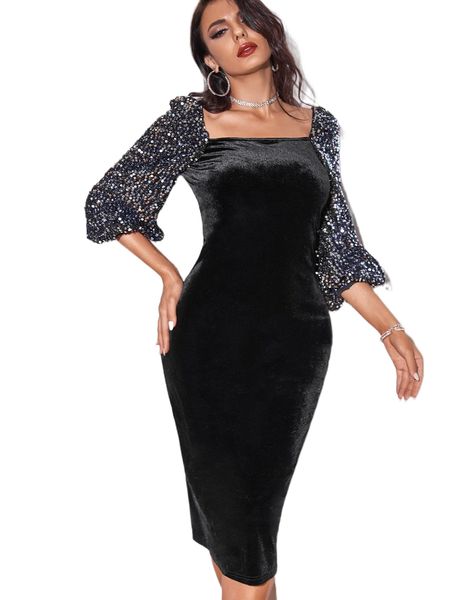 

contrast sequin lantern sleeve split back velvet dress u11v#, Black;gray