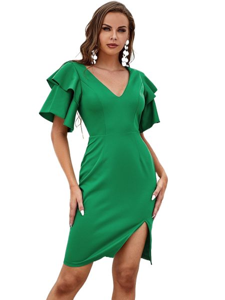 

butterfly sleeve split thigh dress k4yn#, Black;gray