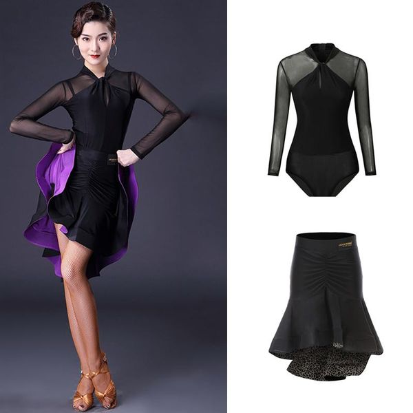 Bühnenkleidung Latin Rock Salsa Kleid Samba Tanzkostüme Tango Bluse Top Schwarz Frauen Bodysuit Übungstuch XS1892Stage