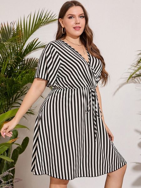

plus vertical striped knot front dress x2qk#, Black