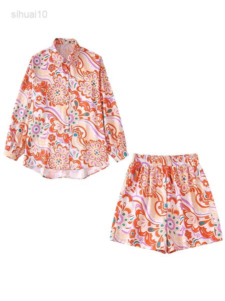 

2022 new women shorts sets long sleeve blouse loose fashion printed shirt streetwear ladies clothing 2 piece sets outfits l220725, White