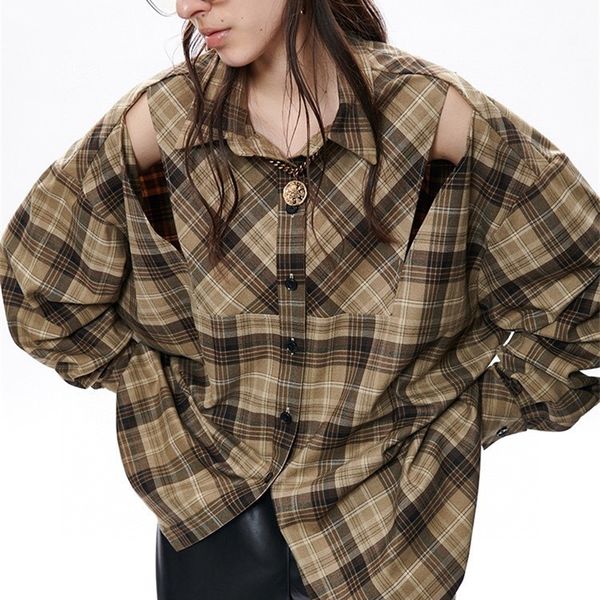 

women's blouses & shirts early spring 2022 niche design mixed color lattice irregular hollowed out shoulder loose personalized long sle, White