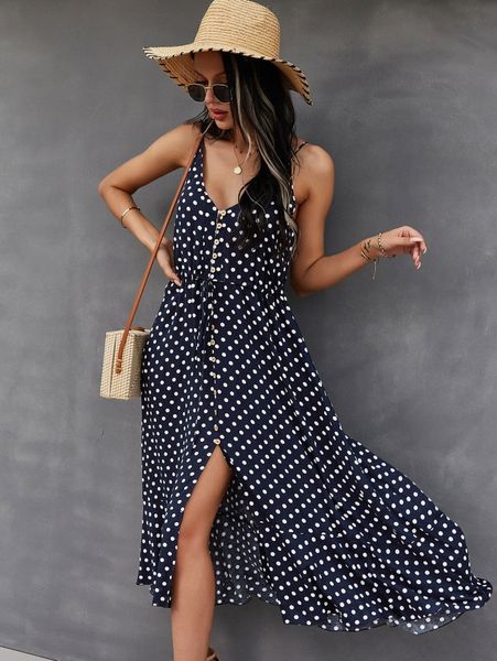 

button through drawstring waist polka dot cami dress l2wu#, Black;gray