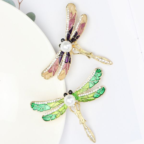 

european dragonfly with crystal pearl clothes brooch cartoon alloy two-color dress coat collar pin women animal bags cowboy sweater clothing, Gray