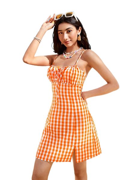 

gingham ruched bust knot front split hem cami dress 61fx#, Black;gray