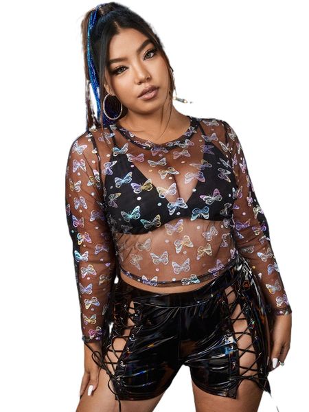 

plus holographic butterfly print sheer mesh without bra 887g#, Black