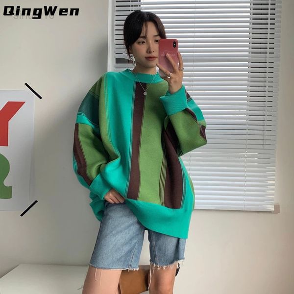

qingwen women loose mid-length lazy color adjustment striped knitted sweater jacket 2022 new autumn winter retro contrast l220725, White