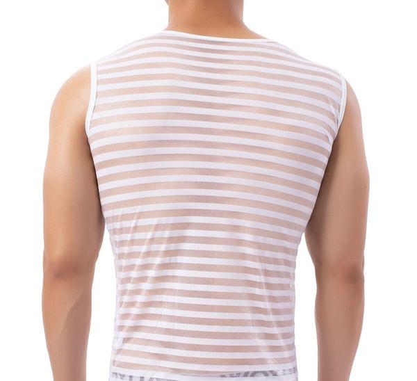 Herren-Tanktops, Weste mit horizontalen Streifen, atmungsaktiv, transparent, mit Charakter, elastisches Nylon, modisch, horizontale Streifen, schmaler Rücken, Rundhalsausschnitt