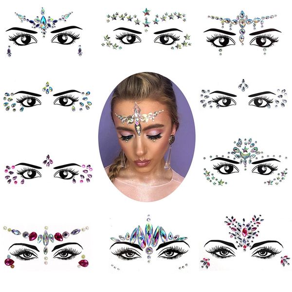 Festival di strass per nail art Adesivo per gioielli per il viso Adesivi per tatuaggi finti Body Glitter Tatuaggi Gemme Flash per Music Festival Party Makeup 30 stili