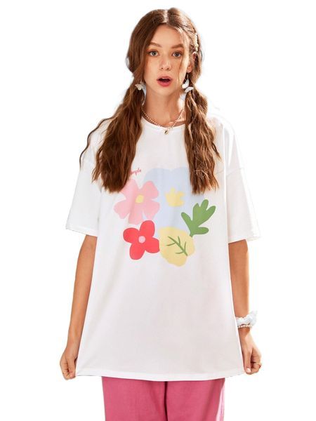 

floral print drop shoulder tee t8sp#, White