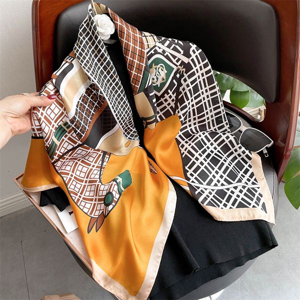 

fashion brand classic simple letter design satin luxury square scarf outdoor shawl silk turban beach wrap women scarves 90x90cm, Blue;gray