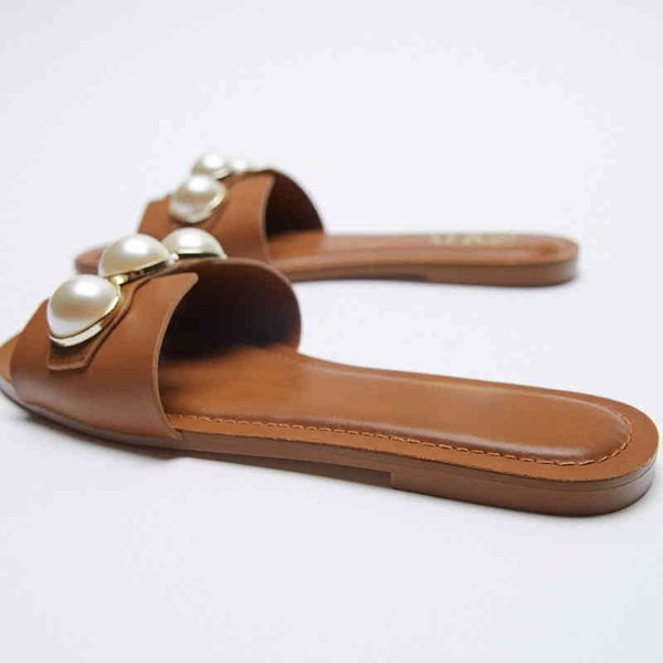 

2022 summer slippers women's shoes square head pearl decoration flat bottom open toe lazy casual wear beach sandals, Black