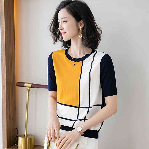 2022 Ghiaccio Seta manica corta Donne Pullover in cotone a strisce griglia a strisce patchwork sciolto T-shirt Lady Giallo navy o-collo elegante