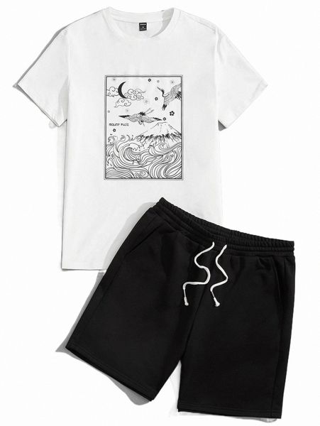 

men letter and crane print tee & track shorts set r0vw#, Gray
