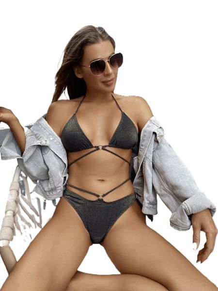 

ring linked halter bikini swimsuit n3mm#, White;black