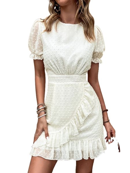 

swiss dot ruffle hem wrap chiffon dress d3pd#, Black;gray