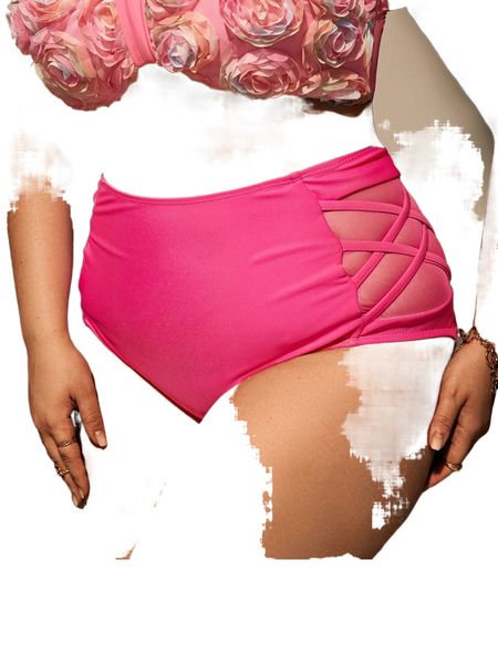 

plus contrast mesh crisscross side high waist bikini panty 45r3#, Black