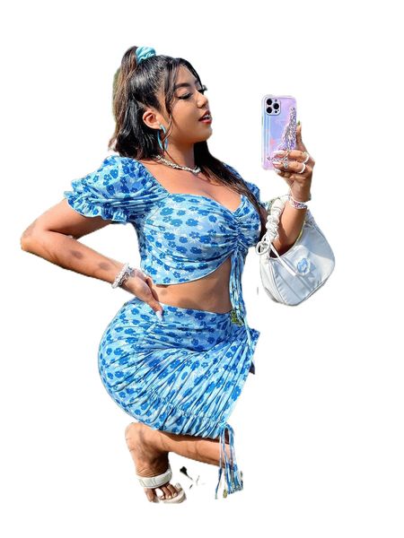 

plus allover floral print drawstring puff sleeve crop & skirt a6ov#, Black