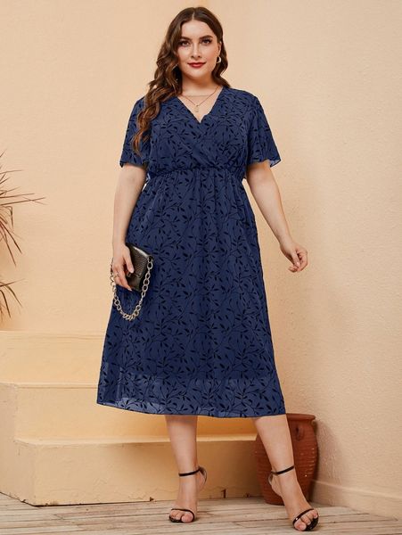 

plus plant print surplice neck butterfly sleeve dress g2hp#, Black