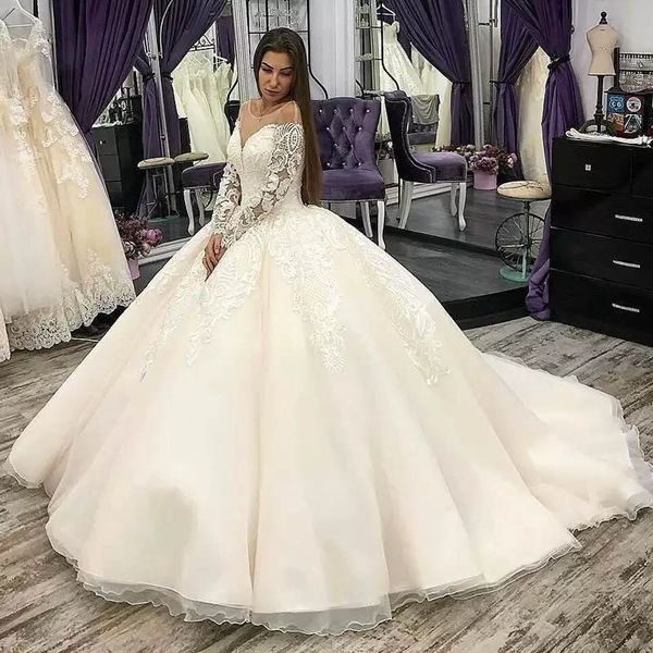 

vintage sheer v neck straps applique boutique wedding dresses illusion bodice see through poet long sleeve ball gowns bridal dresses, White