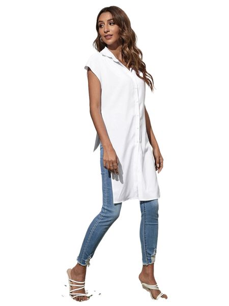 

solid split hem button front longline blouse t4ri#, White