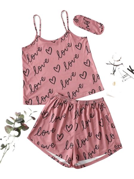 

letter graphic cami & shorts pj set with eye cover b24l#, Black;red