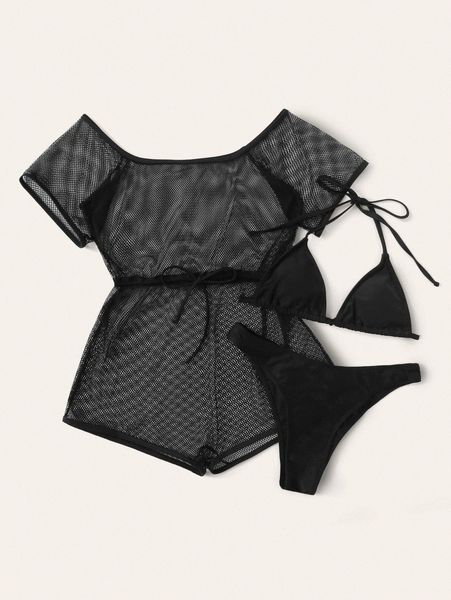 

plain halter triangle bikini swimsuit with cover up 683n#, White;black