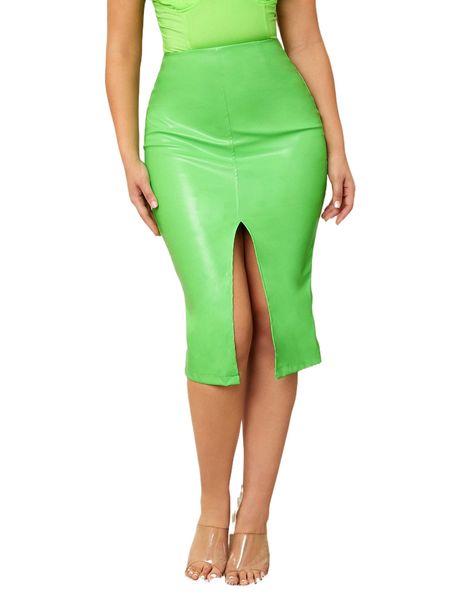 

solid slit hem pu leather bodycon skirt q6li#, Black