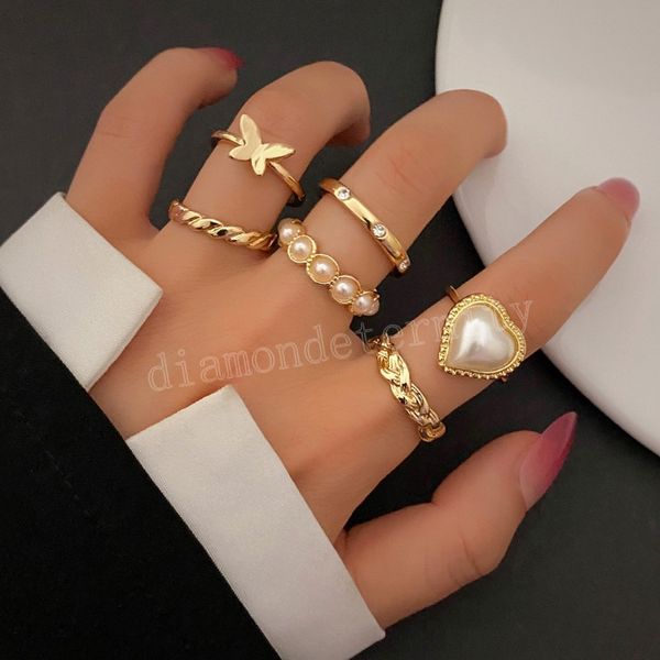 

vintage golden metal ring set for women heart butterfly inlaid crystal pearls geometric finger ring fashion jewelry, Silver