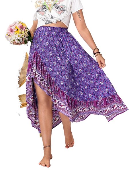 

rusttydustty plus floral print asymmetrical ruffle hem skirt v4jo#, Black