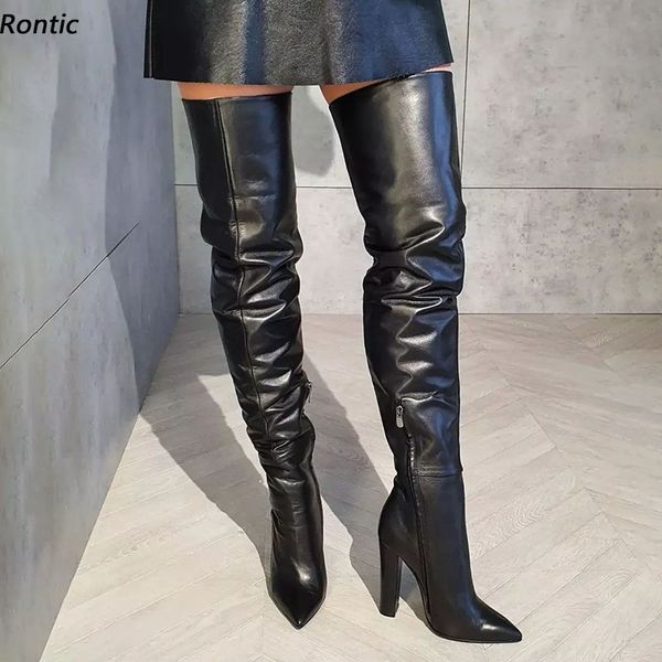 Rontic Nuove Donne di Modo di Inverno Della Coscia Stivali Opaco Cerniera Laterale Tacchi Grossi Scarpe A Punta Elegante Nero Scarpe Casual Formato DEGLI STATI UNITI 5-15