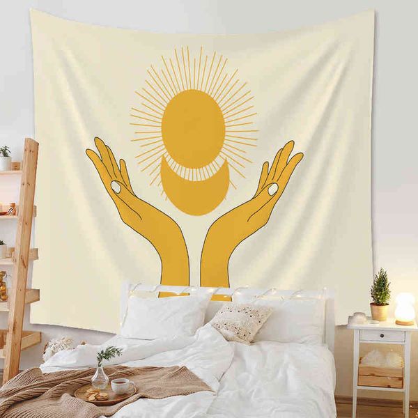 Celestial Art Tapestry tapete de parede Sun Moon Hand Profecia Universo Trippy Tapiz Mandala Pano Boho Decoração de Casa Yoga Mat Blanket J220804
