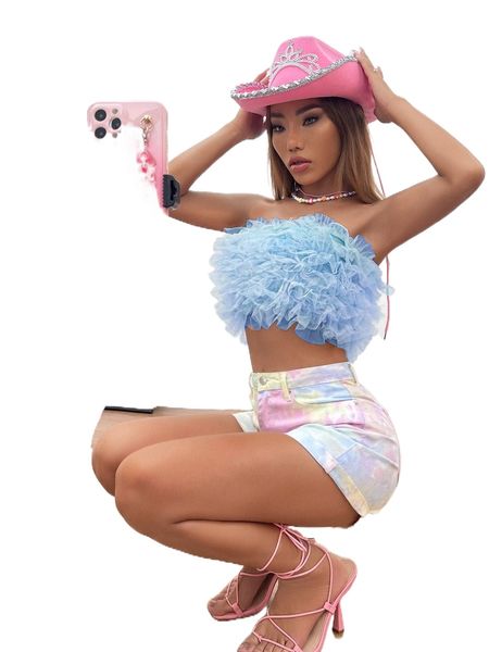 

layered ruffle trim mesh tube w5xo#, White