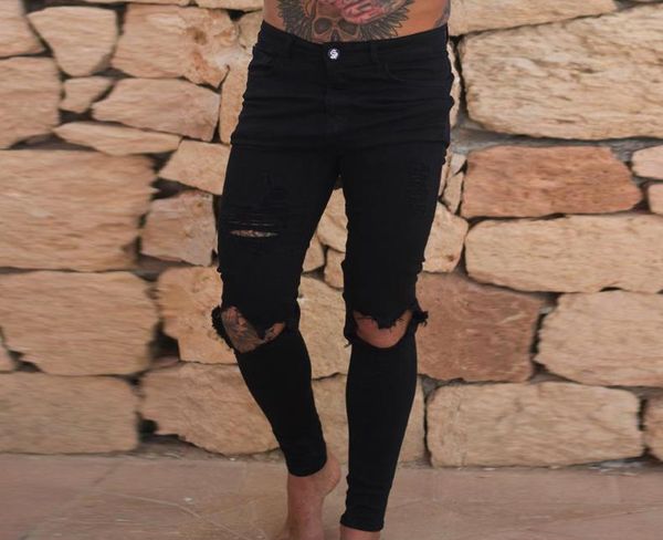 

men's jeans european station spring new low waist ripped jeans, Blue