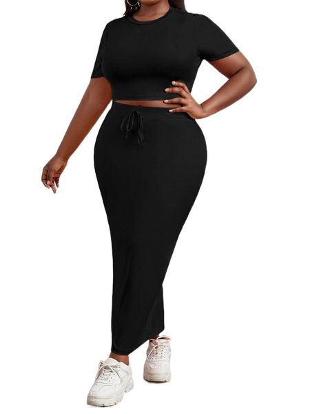 

sxy plus solid crop tee & tie front pencil skirt h7hf#, Black