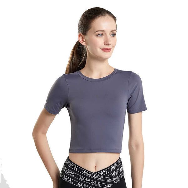 

yoga outfits clothes short sleeve naked navel open back yoga sports women's slim quick drying fitness t-shirt, White;red