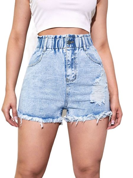 

paperbag waist ripped raw hem denim shorts l4j2#, White;black