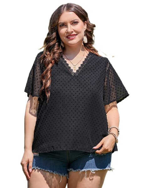 

plus swiss dot contrast lace blouse e657#, Black