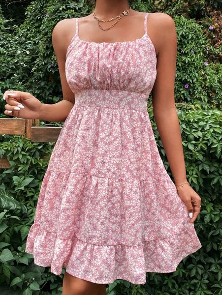 

random allover floral print ruched bust ruffle hem cami dress z2j2#, Black;gray