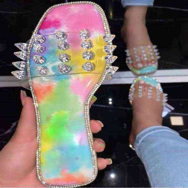 

summer women new rhinestone rivets large size candy color flat bottom beach shoes outdoor all match slippers220514, Black