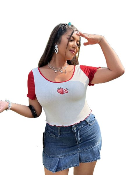 

plus strawberry print lettuce trim tee y5xk#, Black