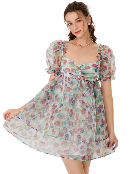 

mod floral print puff sleeve ruched organza dress g41v#, Black;gray