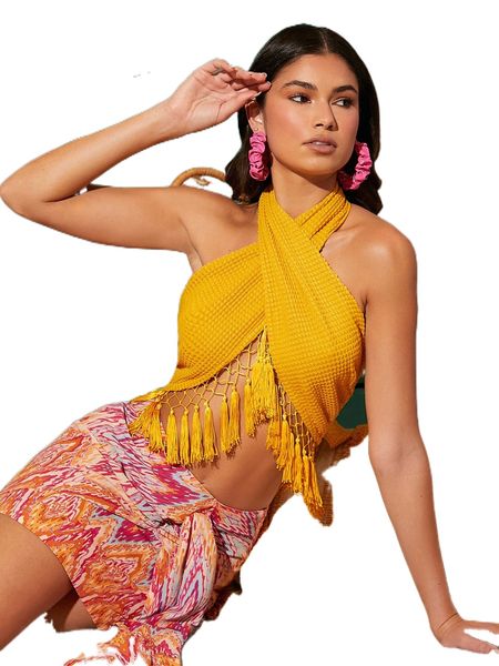

tie backless fringe hem halter f9xz#, White