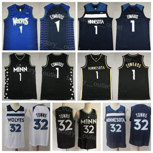 Man Basketball Edwards Jersey 1 Karl Anthony-Towns 32 Equipe Color Navy Azul preto branco para fãs esportivos bordados e costura