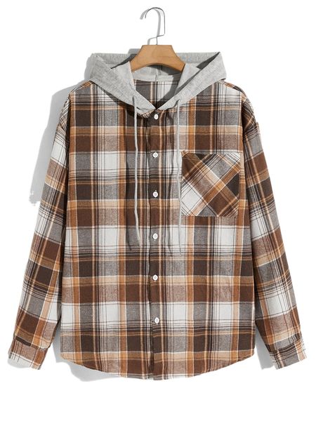

romwe guys plaid button front pocket drawstring hooded shirt i5nu#, White;black
