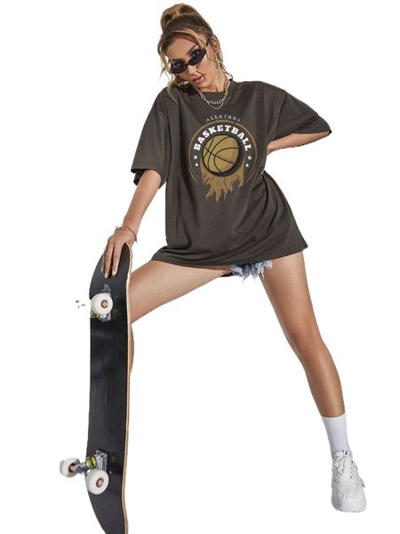 

basketball & letter graphic drop shoulder tee r9jj#, White