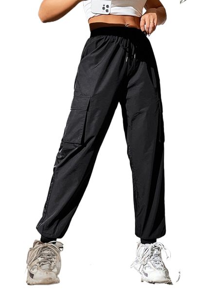 

petite flap pocket side drawstring pants a2ra#, Black;white