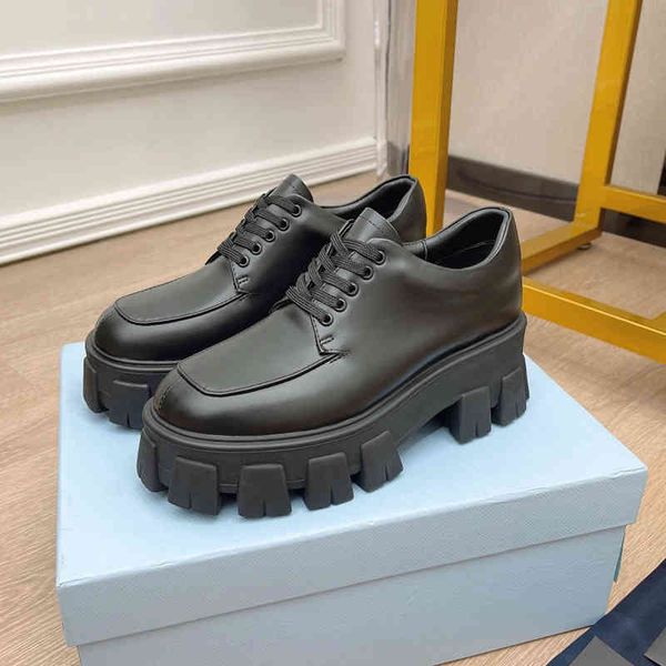 

dress shoes liu wen's same shoes lace up thick soled muffin women's british style white cowhide p family leather, Black